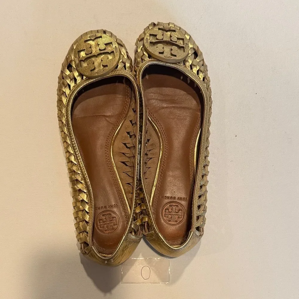 Tory Burch Metallic Gold Woven Logo Ballet Flats